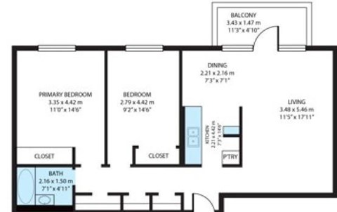 Floor plan for 2 beds, 1 bath, 853 sqft